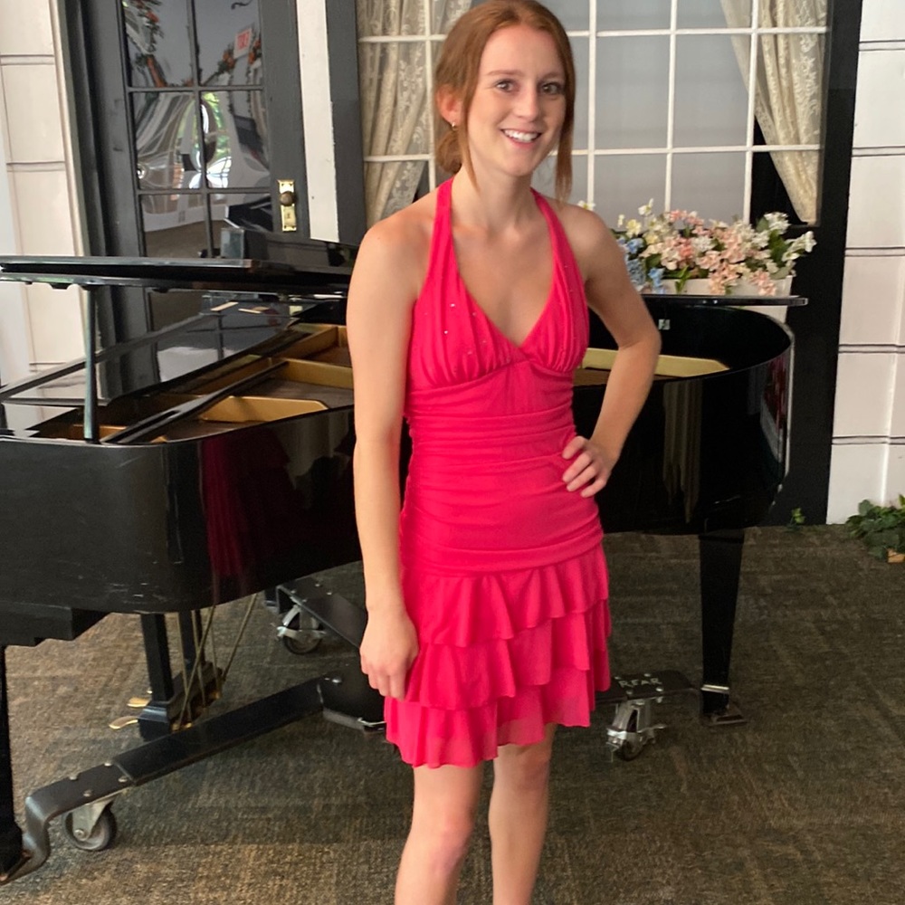 Pink halter cocktail dress.
